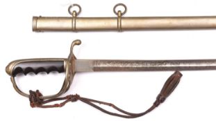 An American M1902 Army officer’s sword, plated blade 34”, by Baron, etched with panels of foliage,