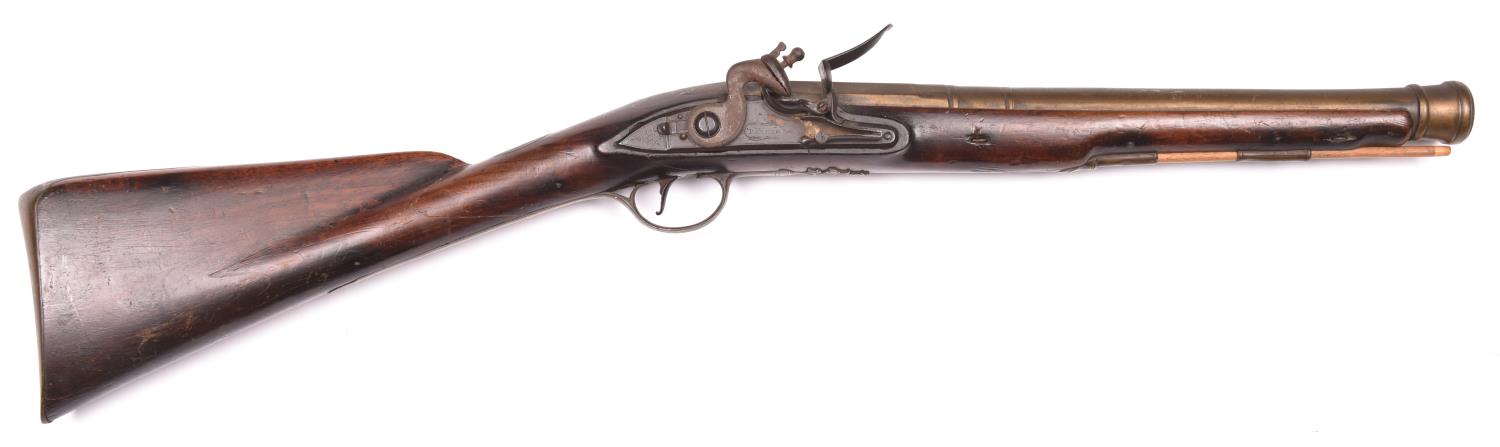 A good quality brass barrelled flintlock musketoon, by Parkes, c 1770, 31” overall, 3 stage barrel - Image 2 of 2