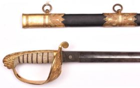 A Vic 1846 pattern Naval officer’s sword, blade 29” by Moore & Jupp, London, etched with Royal Arms,