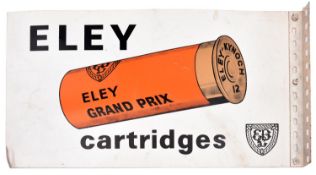 A double sided painted metal sign for Eley Grand Prix Cartridges, 22” x 12”, with angle iron bracket