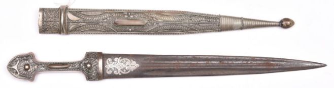 A 20th century Caucasian kindjal, blade 12”, the forte silver overlaid with leaf and scroll