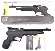 A .177” Webley VMX multi shot CO2 air pistol, number 2319210145015189F, of textured black plastic