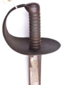 An 1845 pattern naval cutlass, flat blade 29”, all iron hilt with ribbed grip. Basically GC (lightly