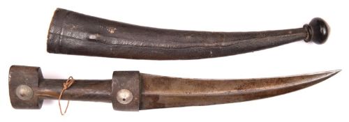 A Balkan jambiya, blade 8½” with central rib, plain horn hilt with domed WM bosses made from Turkish