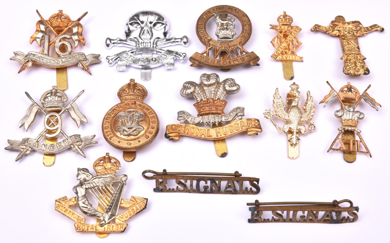 9 immediately post WWII period cavalry cap badges: 7th Hussars, 8th Hussars, 9th Lancers, 10th