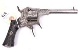 A Belgian 6 shot 7mm Jongen Freres closed frame double action pinfire revolver, c 1860, number 1592,