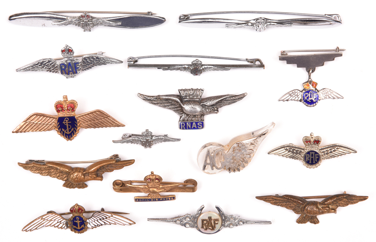 8 RAF “wings” sweetheart brooches: 2 chrome plated mounted on a propeller; another similar on a bar;