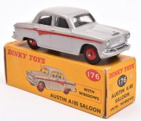 Dinky Toys Austin A105 Saloon (176). An example in light grey with red flash and wheels, with