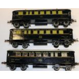 3x Hornby Series O gauge French Wagons Lits coaches in lined dark blue livery with white roofs. 2x
