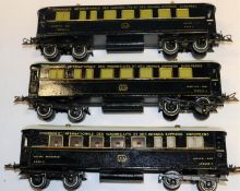 3x Hornby Series O gauge French Wagons Lits coaches in lined dark blue livery with white roofs. 2x