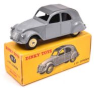 French Dinky Toys 2CV Citroen (24T). In mid grey with dark grey roof, cream wheels with black tyres.