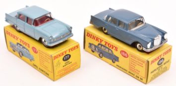 2 Dinky Toys. Opel Kapitan (177). In light blue with red interior. Plus a Mercedes-Benz 220 SE (186)