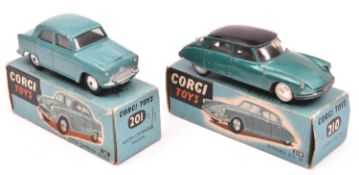 2 Corgi Toys. An Austin Cambridge Saloon (201) in blue. Plus a Citroen DS19 (210). In metallic