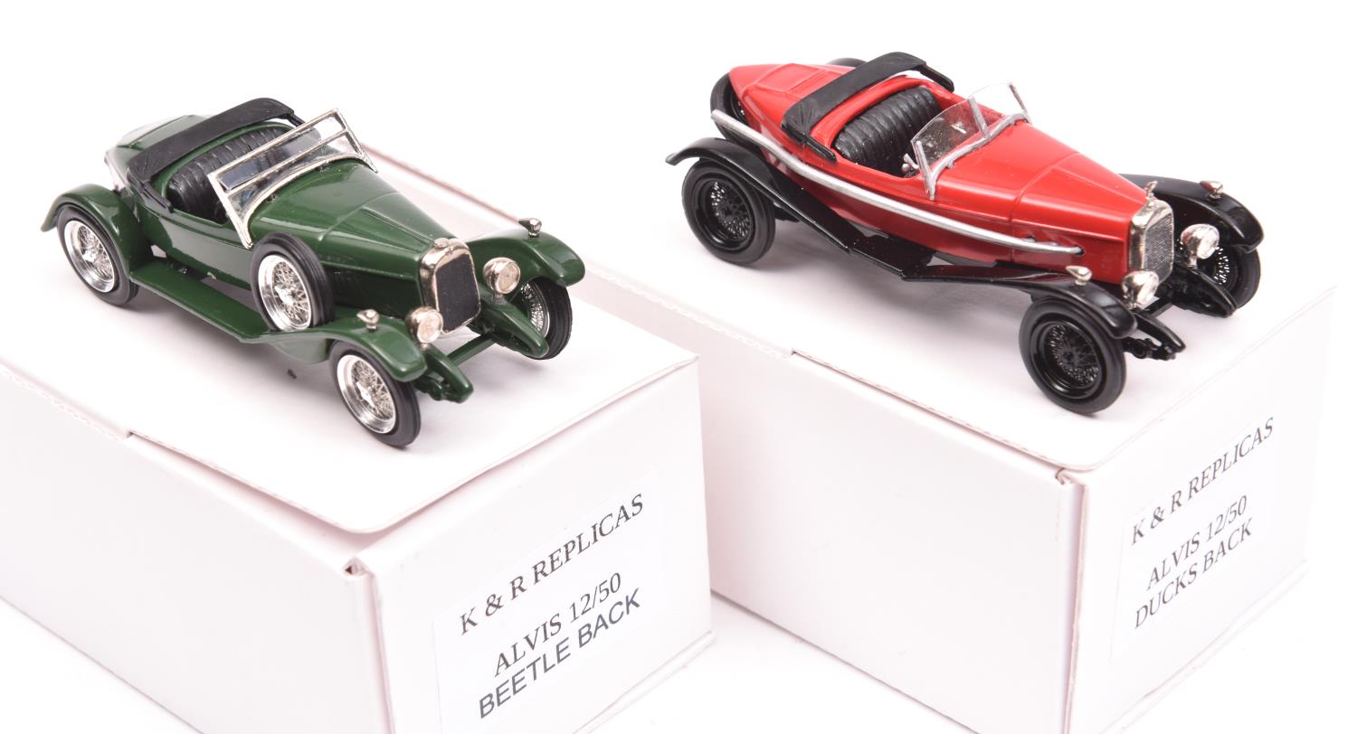 2x 1:43 K&R Replicas Cars. 2 Alvis 12/50, a Beetle Back in British Racing Green with plated spoked