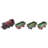 Dinky Toys Tank Goods Train Set. Maroon/black locomotive, two green/red open wagons, with a third