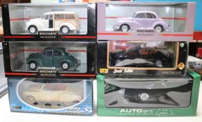 6 1:18 Cars by Various Makes. 3x Minichamps: Morris Minor Traveller in cream. Morris Minor Million