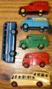 6 Dinky Toys. Observation Coach in cream with red flash and red wheels. Morris Royal Mail van,