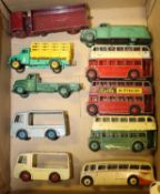 10 Dinky Toys. 3 Double Deck Buses (1 AEC & 2 Leyland). Luxury Coach. Dodge Farm Produce Wagon.
