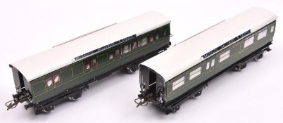 2x Middleton Products, Australia, Hornby Series style O gauge tinplate Southern Railway coaches; a