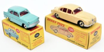 2 Dinky Toys. Ford Anglia (155). In turquoise with red interior. Plus a Jaguar 3.4 Saloon (195).