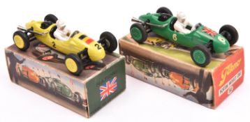 2 Tekno Cooper-Norton single seat racing cars. One in Belgian bright yellow RN2 and one in British