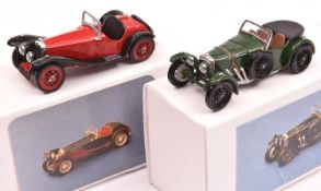 2x South Eastern Finecast 1:43 white metal models. A Fraser Nash TT in British Racing Green with tan