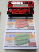 3x Mettoy Corgi tinplate clockwork London Transport Routemaster buses. Destinations are; an 8B to