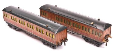 2x Hornby Series O gauge Metropolitan suburban coaches with brass buffers and drop-link couplings in