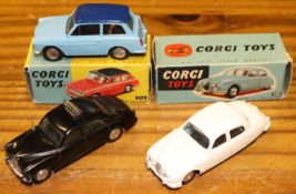 3 Corgi Toys. Jaguar 2.4 Litre Saloon (208). Early example in white with no interior, smooth spun