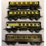 4x Hornby Series O gauge Pullman Cars. Iolanthe, Arcadia and one with 'Pullman', in chocolate and