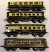 4x Hornby Series O gauge Pullman Cars. Iolanthe, Arcadia and one with 'Pullman', in chocolate and