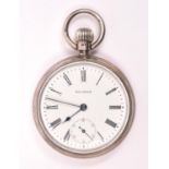 A silver cased keyless Waltham Traveller pocket watch with separate seconds dial. Hallmarked for