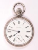 A silver cased keyless Waltham Traveller pocket watch with separate seconds dial. Hallmarked for