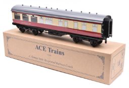 An Ace Trains O gauge BR C/5 bogie Restaurant Car in Blood & Custard livery, E302. Boxed with 'The