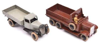 2x 1930s Dinky Toys. A Six-wheeled wagon (25a) with red-brown body, smooth black wheels, white tyres