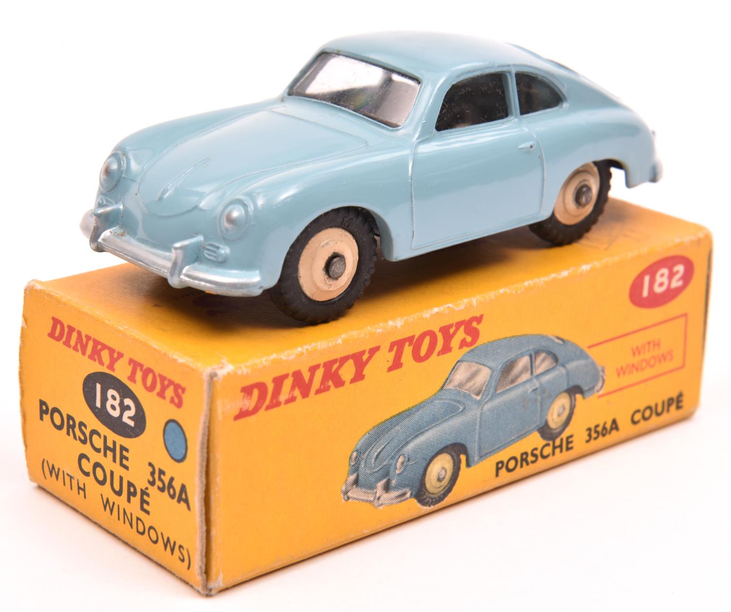 Dinky Toys Porsche 356A Coupe (182). An example in light blue with cream wheels and black treaded