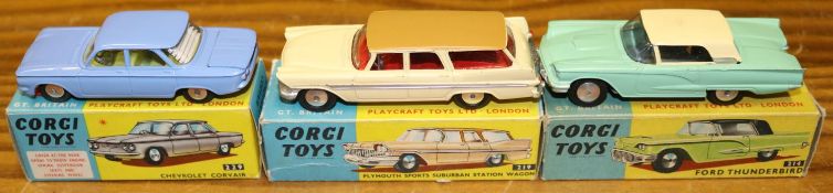 3 Corgi Toys. Chevrolet Corvair (229). In lilac with yellow interior. Plus a Plymouth Sports