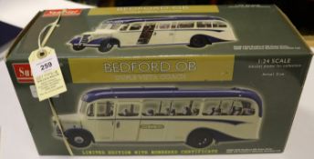A Sunstar 1:24 scale Bedford OB Duple Vista Coach. In Royal Blue blue and white livery. Registration