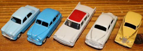 5 Dinky Toys. Standard Vanguard in blue with cream wheels. Ford Zephyr in two tone blue, with