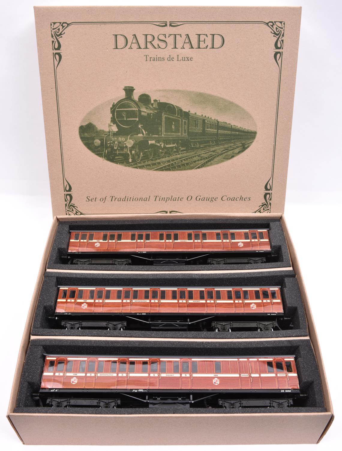 A Darstaed Trains O gauge Metropolitan Railway 3 compartment coach set in lined teak livery. Full
