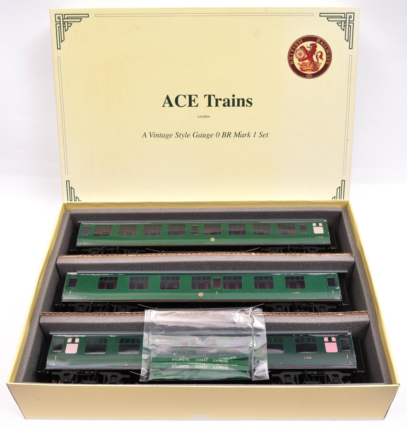 An Ace Trains O gauge BR(SR) Mk.I 3 coach set in dark green livery. Full Third S24169 and 2x Full