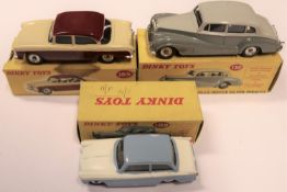 3 Dinky Toys. Rolls Royce Silver Wraith (150). In two tone grey. Plus a Humber Hawk (165). In