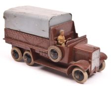 Dinky Toys 6 Wheeled Wagon (25s). An example in reddish brown with grey tin tilt, with holes in