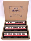 An Ace Trains O gauge BR C/5 3 coach set in Blood & Custard livery. Full First E13030, Full Third