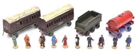 Dinky Toys Rolling Stock items. A coach in brown/cream/green. Guards Van in brown/cream/green. '