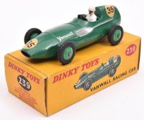 Dinky Toys Vanwall single seat racing car (239). In dark green with mid green metal wheels and black