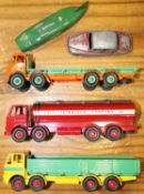 5 Dinky Toys. Foden FG Flatbed Lorry. Orange cab and chassis, with mid green loadbed and wheels.