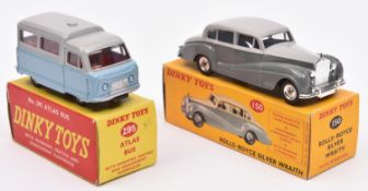 2 Dinky Toys. Rolls Royce Silver Wraith (150). In two tone grey. Plus an Atlas Bus (295). In light