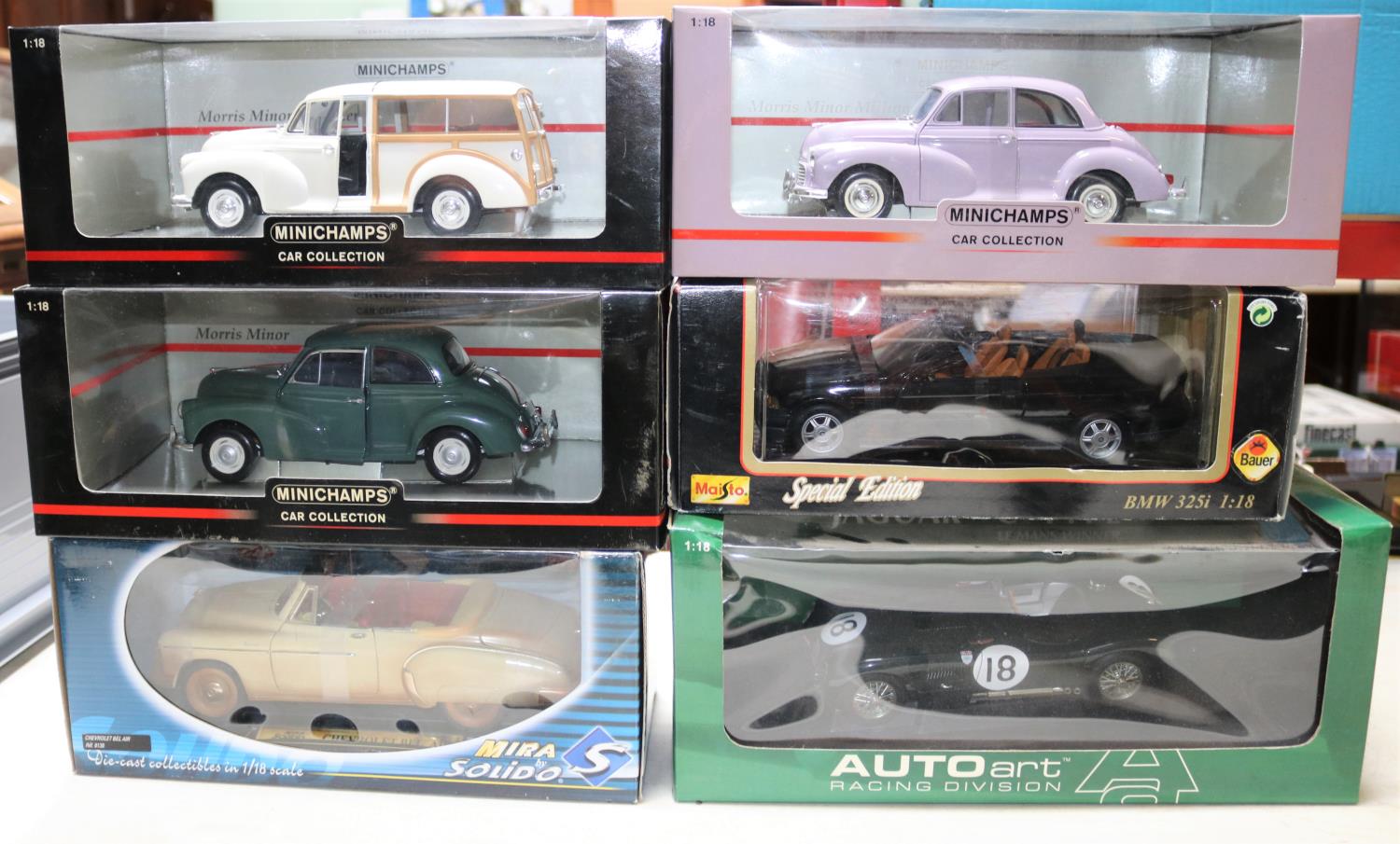 6 1:18 Cars by Various Makes. 3x Minichamps: Morris Minor Traveller in cream. Morris Minor Million - Image 2 of 2