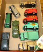 10 Dinky Toys. Bedford Refuse Lorry, Bedford Lorry, 2x Trojan van, Cydrax and Dunlop. Morris J